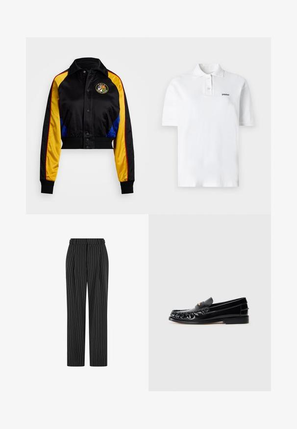 Kurz geschnittene Satinjacke mit schwarzem Körper, gelben und blauen Seiten, geripptem Saum, gesticktem Logo auf der Brust, Knopfverschluss und kontrastierenden Streifen.; Weißes Poloshirt aus Baumwolle, mit klassischem Kragen, drei Knöpfen und einem kleinen schwarzen Logo auf der linken Brust. Kurze Ärmel.; Schwarze Nadelstreifenhose mit hoher Taille, gefaltetem Vorderteil und geradem Bein. Der Stoff wirkt strukturiert und ist maßgeschneidert für einen formellen Look.; Schwarze LederSlipper mit runder Zehenform, dekorativen Nähten und einem kleinen goldenen Akzent auf dem Vorderblatt. Flache Gummisohle, elegantes Design.