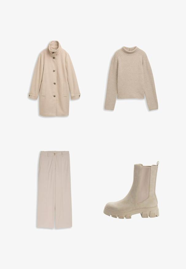 Beige uldfrakke med ståkrave, fem forknapper, to sidelommer og knappede manchetter, lagt fladt på en hvid baggrund.; Beige pullover-sweater med ribbet hals, raglanærmer og en blød tekstur. Har en afslappet pasform og en lige kant.; Beige bukser med vide ben, sidelommer, bæltestropper og dobbelte knapper ved taljen, lavet af et glat stof.; Beige Chelsea støvler med en glat læderoverdel og elastiske sidepaneler. Tyk, robust gummisål med karakteristisk mønster og trækstrop.