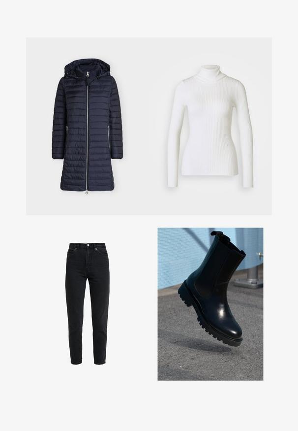 Langer dunkelblauer gesteppter Wintermantel mit Frontreißverschluss, zwei seitlichen Reißverschlusstaschen, langen Ärmeln und angenähter Kapuze mit Kordelzug.; Weißer gerippter Rollkragenpullover mit langen Ärmeln, der ein tailliertes Design und eine weiche Textur aufweist. Flacher Kragen und nahtloser Look.; Schwarze Jeans mit hoher Taille, vorderem Knopf und Reißverschluss, zwei vorderen Taschen und einem verjüngten Bein auf weißem Hintergrund.; Schwarzer Leder-Stiefelette mit elastischen Seitenteilen, rundlicher Spitze und einer dicken, strukturierten Sohle. Glatte Oberfläche mit minimalistischem Design.