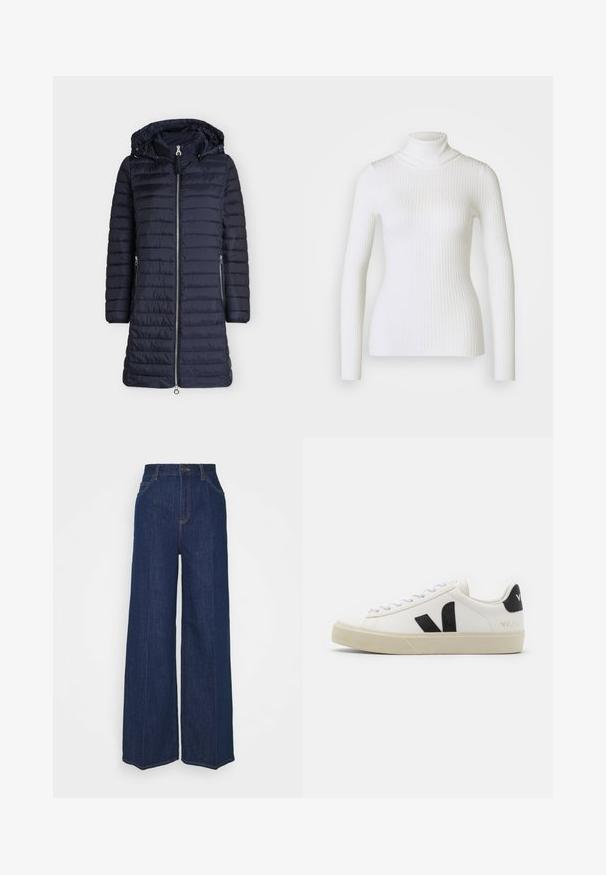 Long manteau d'hiver matelassé bleu marine avec fermeture éclair à l'avant, deux poches latérales zippées, manches longues et capuche attachée avec cordons.; Pull en maille côtelée blanche avec col roulé et manches longues, présentant un design ajusté et une texture douce. Col plat et look sans couture.; Jean en denim bleu foncé à taille haute et jambes larges, avec poches avant et arrière, fermeture à bouton et coutures visibles.; Baskets en cuir blanc avec un logo V en caoutchouc noir. Semelle texturée blanc cassé, lacets blancs et détail sur le talon arrière portant le nom de la marque en noir.