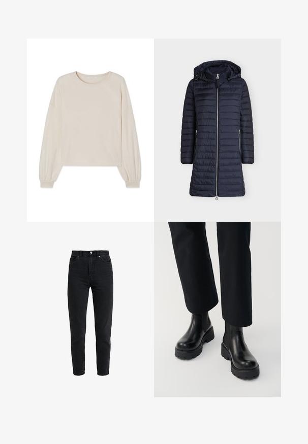 Lange donkerblauwe doorgestikte winterjas met ritssluiting aan de voorkant, twee ritszakken aan de zijkant, lange mouwen en een aangehechte capuchon met aantrekkoorden.; Licht beige cropped trui gemaakt van zachte stof, met een ronde hals en lange pofmouwen met elastische manchet. Zonder patronen of versieringen.; High-waist zwarte spijkerbroek met voorste knoop en rits, twee voorzakken en taps toelopende pijpen op een witte achtergrond.; Persoon die zwarte leren enkellaarzen met dikke zool draagt, gecombineerd met zwarte broek met rechte pijpen op een witte achtergrond.