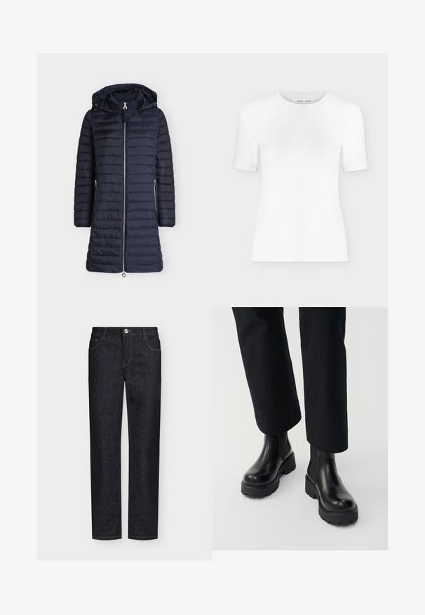 Lange donkerblauwe doorgestikte winterjas met ritssluiting aan de voorkant, twee ritszakken aan de zijkant, lange mouwen en een aangehechte capuchon met aantrekkoorden.; Wit T-shirt met korte mouwen en een ronde hals, een slanke pasvorm en geribbelde stof, weergegeven op een effen lichtgrijze achtergrond.; Zwarte rechte spijkerbroek met voorzakken, riemlussen en knoopsluiting op een effen achtergrond.; Persoon die zwarte leren enkellaarzen met dikke zool draagt, gecombineerd met zwarte broek met rechte pijpen op een witte achtergrond.