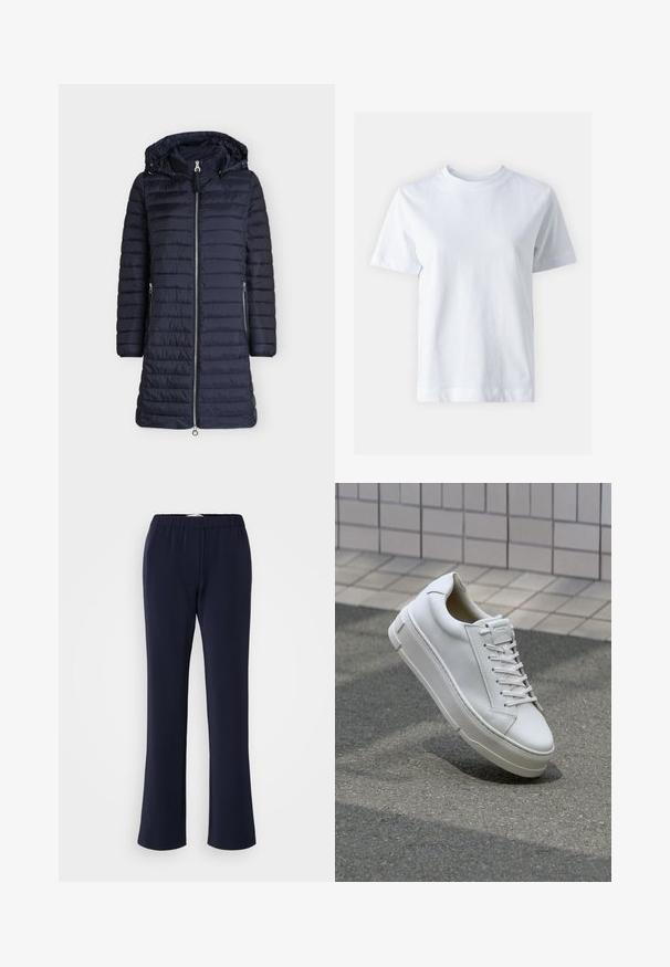 Lange donkerblauwe doorgestikte winterjas met ritssluiting aan de voorkant, twee ritszakken aan de zijkant, lange mouwen en een aangehechte capuchon met aantrekkoorden.; Witte katoen t-shirt met een ronde hals, korte mouwen, een rechte snit en een gladde textuur. Geen patronen of versieringen.; Marineblauwe, rechte broek van rekbare stof met elastische tailleband en twee voorzakken. Soepele textuur, zonder zichtbare patronen.; Witte leren sneaker met een low-top ontwerp, platte veters, ronde neus en textuur zijden. Dikke rubberen zool met subtiele accenten.