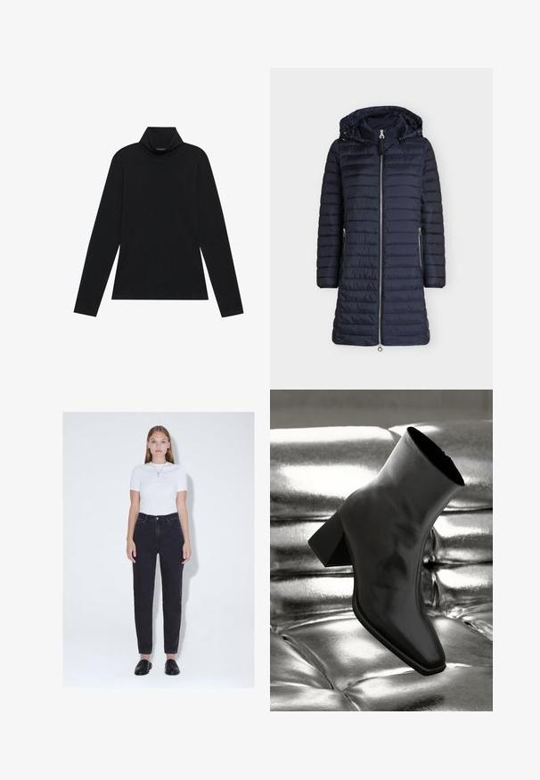 Lange donkerblauwe doorgestikte winterjas met ritssluiting aan de voorkant, twee ritszakken aan de zijkant, lange mouwen en een aangehechte capuchon met aantrekkoorden.; Zwarte langetermijn turtleneck. Zachte stof, getailleerd design, hoge kraag en zijnaad. Eenvoudige en veelzijdige stijl die geschikt is voor het laagjes dragen.; Jonge vrouw met steil haar draagt een wit shirt met korte mouwen, hooggetailleerde zwarte spijkerbroek, zwarte instapschoenen en een hangerketting, staand.; Zwarte enkellaarsjes van glanzend materiaal met een vierkante neus en taps toelopende hak, afgezet tegen een glanzende zilveren gecapitonneerde achtergrond.