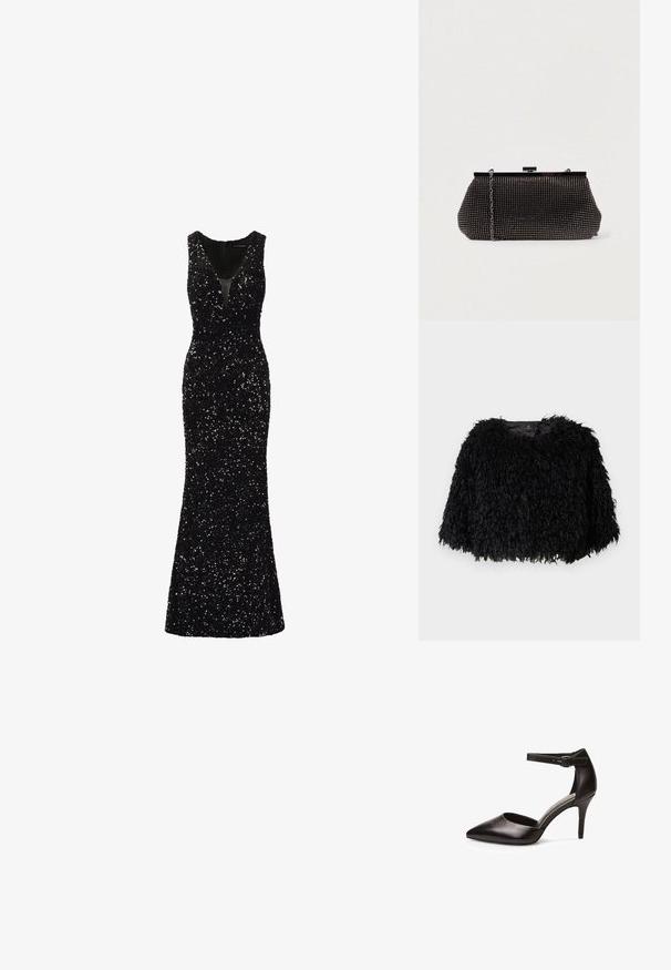 Sort faux fur cropped jakke med en tekstureret, fluffy overflade, rund halsudskæring og ingen synlige lukninger. Foret inderside synlig ved halsen.; Sort pailet aftenkjole med dyb V-udskæring, ærmeløs design, tætsiddende silhuet og flaret kant, der reflekterer lys med forskellige paillet teksturer.; Sort læder højhælet sko med spids tå, ankelrem og en slank hæl. Glat tekstur og minimal hardware.; Sort mesh clutch-taske med en struktureret silhuet, prydet med små metalstuds, har en låsemekanisme og en aftagelig kæderekke.