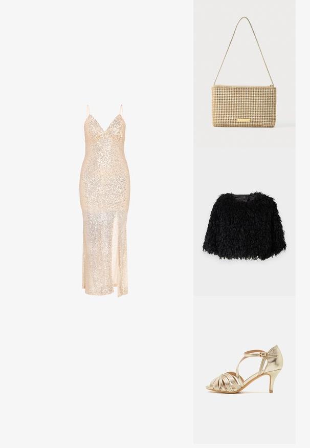 Sort faux fur cropped jakke med en tekstureret, fluffy overflade, rund halsudskæring og ingen synlige lukninger. Foret inderside synlig ved halsen.; Nøgen palietteres kjole med V-udskæring, tynde stropper, tætsiddende silhuet og en sidespalt, der har en skinnende tekstur og indviklet detalje.; Guldmetallic højhælede sandal med krydsede stropper, åben tå, justerbar ankelrem med spænde og et slankt hældesign.; Guldfarvet clutchtaske med rektangulært design, dækket af skinnende, sølvfarvede rhinsten. Har en tynd metallisk skulderrem og lynlåslukning.