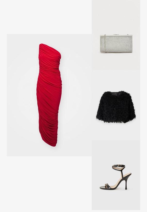 Sort faux fur cropped jakke med en tekstureret, fluffy overflade, rund halsudskæring og ingen synlige lukninger. Foret inderside synlig ved halsen.; Rød, stropløs, bodycon kjole med sammenslynget stof for en rynket tekstur, lang længde og en strømlinet silhuet.; Sorte patentlæder højhælede sandaler med tynd ankelrem og spænde, åben tå og slank stiletto hæl på hvid baggrund.; Sølvmetallic clutch taske med en struktureret mesh-overflade, rektangulær form og en aftagelig kædestrop. Har en metaliske lås.
