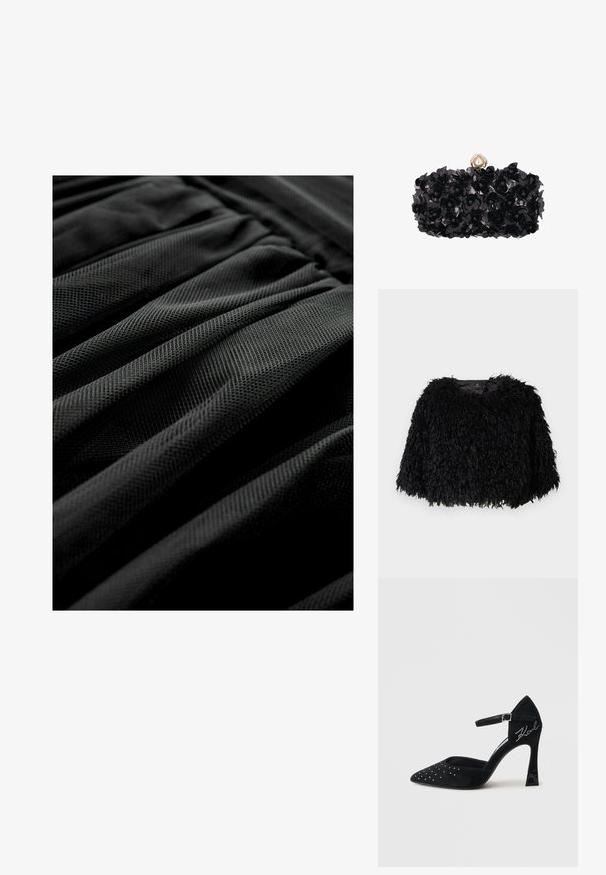 Sort faux fur cropped jakke med en tekstureret, fluffy overflade, rund halsudskæring og ingen synlige lukninger. Foret inderside synlig ved halsen.; Sort tekstureret stof med et plisseret design, der viser et ensartet mønster og en blød udseende. Fokus på lag og folder i materialet.; Sort ruskind højhælet sko med spids tå, ankelrem og nittet pynt foran; tekstureret hæl med blank accent.; Sort blomstertekstureret clutch taske med en perle- og rhinsten dekoreret lås på toppen.