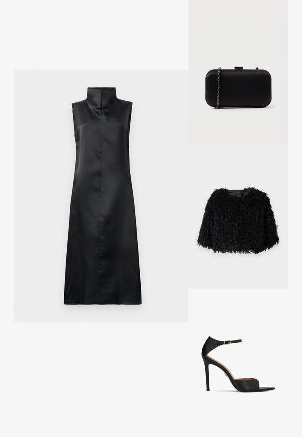 Sort faux fur cropped jakke med en tekstureret, fluffy overflade, rund halsudskæring og ingen synlige lukninger. Foret inderside synlig ved halsen.; Sort satin uden ærmer kjole med høj krave, glat tekstur og en lige, ankellang silhuet. Minimalistisk design uden udsmykninger.; Sort højhælet sandal med ankelrem og gyldent spænde, åben tå og tynd stiletthæl på hvid baggrund.; Sort rektangulær clutch lavet af glat materiale. Har en aftagelig kædestropp og en metallisk clasp på toppen. Enkel design med afrundede kanter.