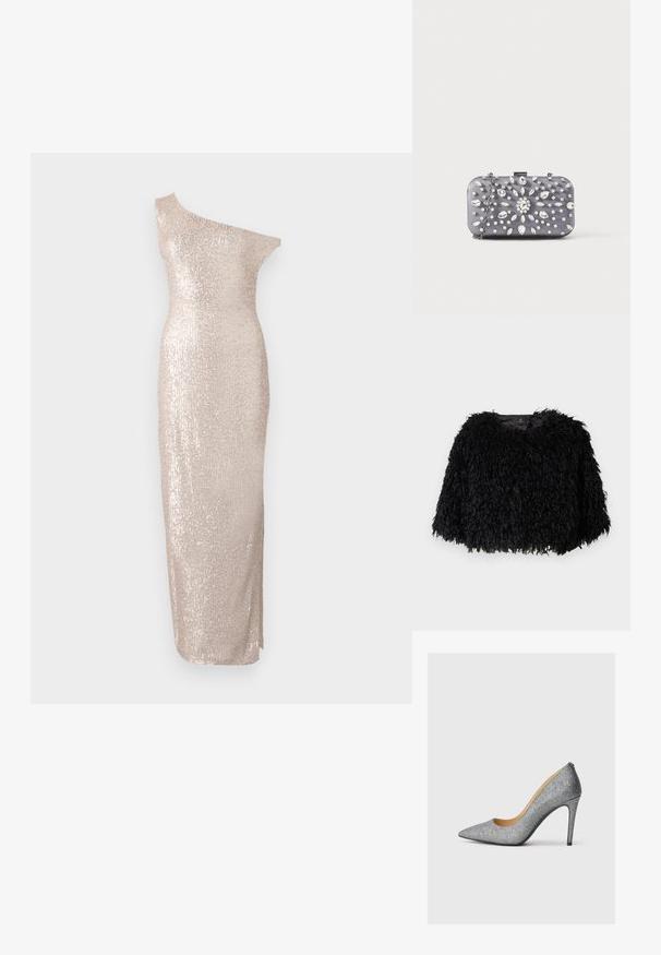 Sort faux fur cropped jakke med en tekstureret, fluffy overflade, rund halsudskæring og ingen synlige lukninger. Foret inderside synlig ved halsen.; Knælang, one-shoulder kjole i lys beige med en tætsiddende silhuet, der har en paillet-tekstur og et strømlinet, lige design.; Sølvglitrende højhælede pumpe med spids tå og en slank silhuet, der har en glat indersåle og en slidstærk sort ydersål.; Lille rektangulær mørkegrå clutch pyntet med klare rhinsten i et strålende mønster og en sølvkæde som strop.