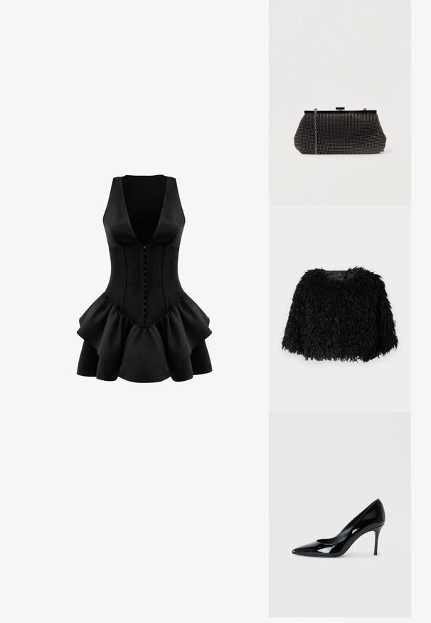 Sort faux fur cropped jakke med en tekstureret, fluffy overflade, rund halsudskæring og ingen synlige lukninger. Foret inderside synlig ved halsen.; OW Collection AUGUSTA - Jerseykjole - black; Sorte patenterede lædersko med spids tå og en slank stilethæl. Glat tekstur med en blank finish og et minimalistisk design.; Sort mesh clutch-taske med en struktureret silhuet, prydet med små metalstuds, har en låsemekanisme og en aftagelig kæderekke.
