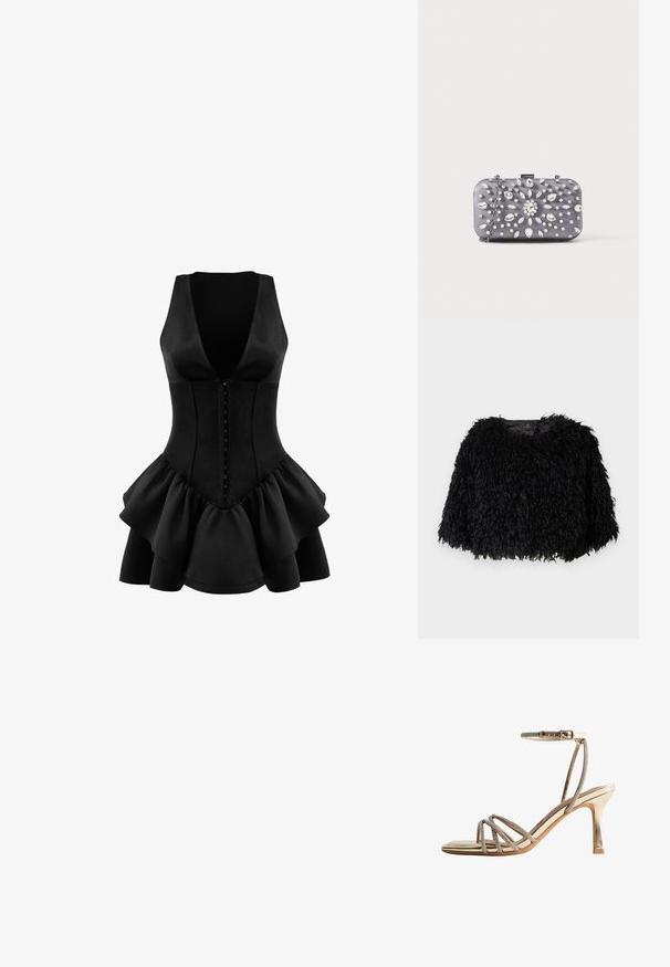 Sort faux fur cropped jakke med en tekstureret, fluffy overflade, rund halsudskæring og ingen synlige lukninger. Foret inderside synlig ved halsen.; OW Collection AUGUSTA - Jerseykjole - black; Guld højhælet sandal med tynde stroffer prydet med rhinsten over tæerne og en ankelrem med spænde lukning.; Lille rektangulær mørkegrå clutch pyntet med klare rhinsten i et strålende mønster og en sølvkæde som strop.