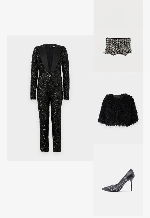 Schwarze, gefälschte Pelzjacke im Cropped-Stil mit einer strukturierten, flauschigen Oberfläche, rundem Ausschnitt und ohne sichtbare Verschlüsse. Futter im Halsbereich sichtbar.; Schwarzer, bodenlanger Overall, der mit glänzenden Pailletten bedeckt ist, mit langen Ärmeln und breitem satiniertem Reverskragen.; Schwarzer High Heel mit spitz zulaufender Zehenpartie und glänzendem Finish, mit transparenten Netzeinsätzen an den Seiten, verziert mit silbernen Perlenmustern und einer eleganten Silhouette.; Schwarze Clutch-Tasche mit einer großen Schleife, verziert mit silbernen Nieten, mit einer Kettenriemen und einer strukturierten Oberfläche, die das Licht einfängt.