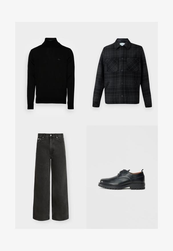 Ternet skjortejakke i sort og grå uldblanding, med to brystlommer, knaplukning og kontrasterende hvid syning.; Sort turtleneck sweater, ribbet tekstur, lange ærmer, tætsiddende design, diskret Lacoste-logo på brystet, materialet er af mellemvægtigt strik.; Sorte jeans med høj talje og vide ben med knap- og lynlås-lukning, for- og baglommer, vist mod en hvid baggrund.; Sorte læder derby-sko med en glat overflade, rund tå, snøre-design og en tyk, robust gummisål.