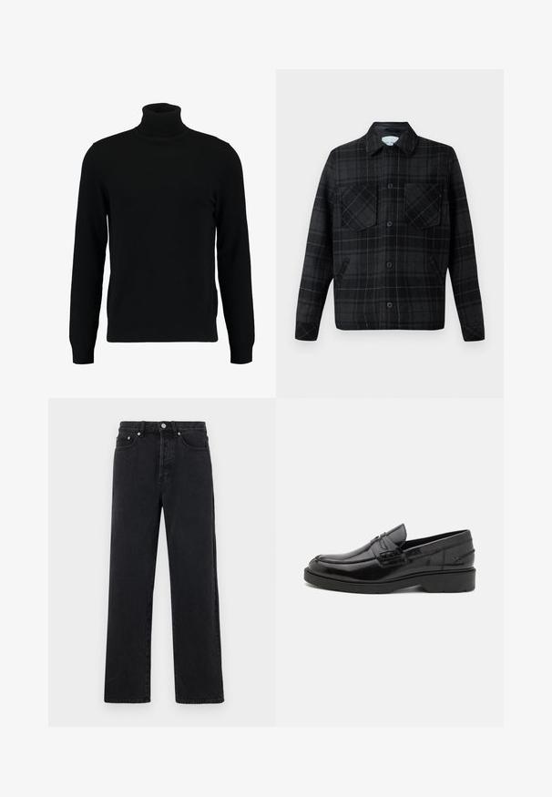 Veste en plaid en mélange de laine noire et grise, avec deux poches poitrine, fermeture à boutons et coutures blanches contrastantes.; Un pull à col roulé noir en matière tricotée douce. Il possède des manches longues, un col et un ourlet côtelés. Son design est simple et épuré, sans motifs.; Jean droit en denim noir avec taille haute, cinq poches et fermeture à bouton métallique. Le tissu a une texture lisse et un léger éclat.; Mocassins en cuir noir avec une finition lisse, un bout rond, un petit talon et descoutures décoratives à l'avant. Semelle en caoutchouc pour l'adhérence.