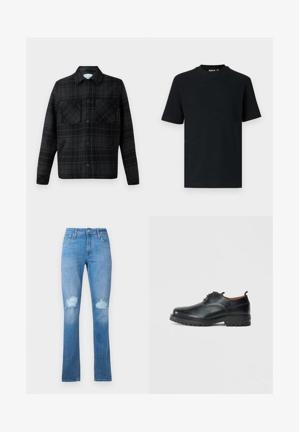 Kariertes Hemdjacke aus einer schwarzen und grauen Wollmischung, mit zwei Brusttaschen, Knopfverschluss und kontrastierenden weißen Nähten.; Schwarzes, kurzärmeliges, geripptes Strick-T-Shirt mit Rundhalsausschnitt und einem kleinen, sichtbaren Etikett im Krageninnenteil.; Helle blaue Denim-Jeans mit geradem Bein, featuring eine aufgerissene Kniepartie mit fransigen Kanten und klassischem Fünf-Taschen-Design.; Schwarze Leder Derby-Schuhe mit glatter Textur, runder Zehenform, Schnürdesign und einer dicken, robusten Gummisohle.