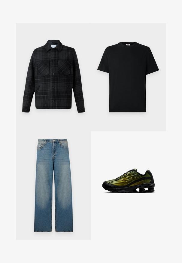 Kariertes Hemdjacke aus einer schwarzen und grauen Wollmischung, mit zwei Brusttaschen, Knopfverschluss und kontrastierenden weißen Nähten.; Schwarzes T-Shirt mit kurzem Arm und Rundhalsausschnitt, flach auf einem weißen Hintergrund liegend, mit einem kleinen Markenlabel im Kragen.; Helleblaue weit geschnittene Jeans aus Denim-Stoff, mit einer hohen Taille, fünf Taschen und ausgebleichten Stellen für einen Vintage-Look.; Grüner und schwarzer Sportschuh mit glänzender Oberfläche, schwarzen Schnürsenkeln, Swoosh-Logo und schockdämpfender Feder-Sohle unter der Ferse.