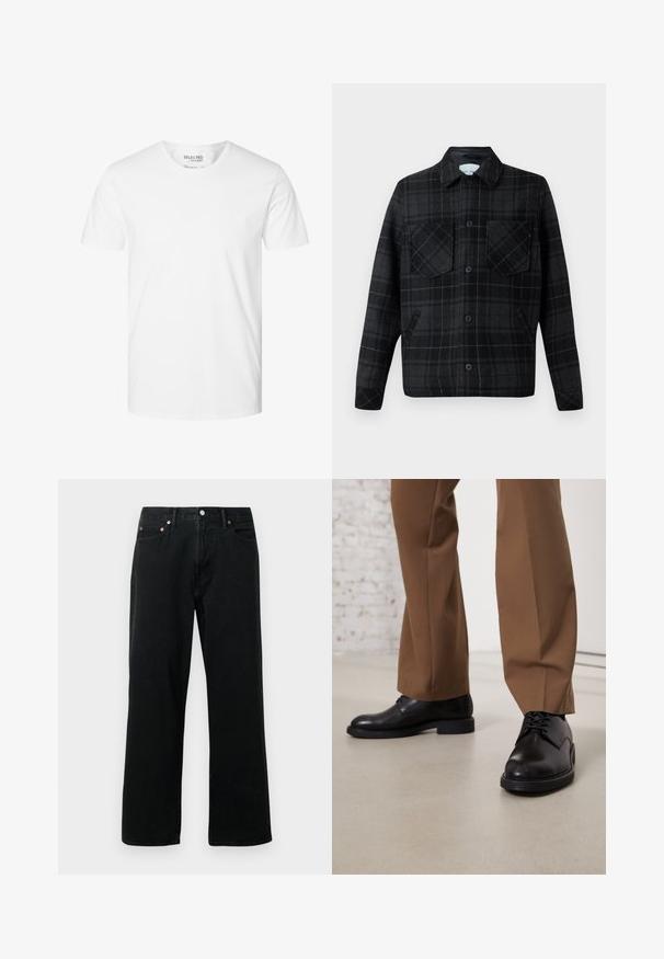 Geruite jas van een zwarte en grijze wolmix, met twee borstzakken, knoopsluiting en contrasterende witte stiksels.; Effen wit T-shirt met korte mouwen en ronde hals van biologisch katoen, merk Selected Homme, maat large.; Zwarte denim jeans met een recht pasvorm, vijf-pocketdesign, metalen studs en knoopsluiting. De stof heeft een zachte textuur met minimale vervaging.; Zwarte leren schoenen met een gladde oppervlakte en een ronde neus, metveterafsluiting en een lage, platte zool. Gecombineerd met bruine broeken.