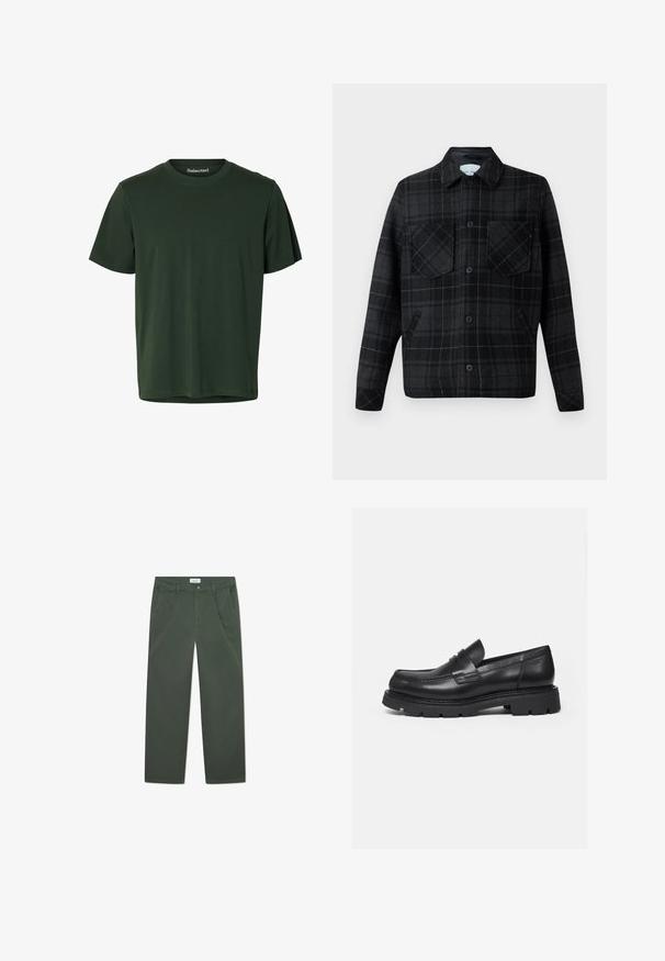 Chaqueta de camisa a cuadros en mezcla de lana negra y gris, con dos bolsillos en el pecho, cierre de botón y costuras blancas en contraste.; Camiseta verde oscuro de manga corta con cuello redondo, confeccionada en tejido liso con un dobladillo recto.; Pantalones de algodón verde oscuro con un diseño de pierna recta, bolsillos frontales y cierre de botón en la cintura. Textura suave, sin patrones.; Mocasín negro de cuero con suela gruesa y acanalada y detalle de tira para moneda, mostrado en perfil lateral derecho sobre fondo blanco.