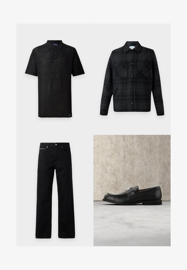 Veste en plaid en mélange de laine noire et grise, avec deux poches poitrine, fermeture à boutons et coutures blanches contrastantes.; Polo noir en tissu tricoté texturé. Il présente des manches courtes, un col et une patte de boutonnage à trois boutons. Design léger, coupe décontractée.; Jean en denim noir avec une coupe droite, cinq poches et une étiquette logo sur le devant, avec des accessoires en métal et une texture lisse.; Mocassin en cuir noir avec une plaque de marque en métal reposant près d'une table ronde marron sur un sol recouvert de moquette beige.