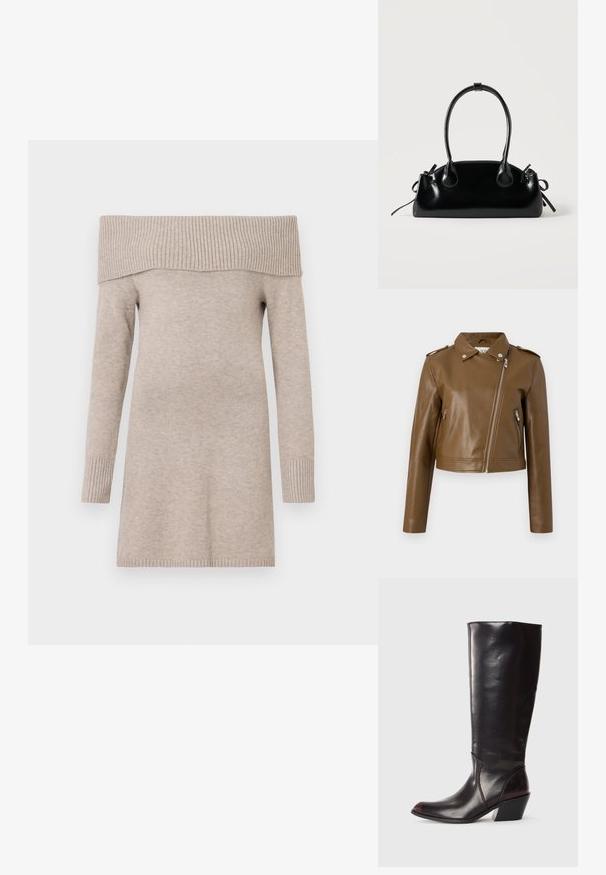 Bruine faux leren cropped jack met een ritsluiting, zijzakken met rits, een puntige kraag en schouderepauletten. Glad textuur.; Beige off-shoulder trui, gebreide textuur, lange mouwen, geribbelde halslijn en boorden, lengte tot halverwege de dijen, gladde stofafwerking.; Knielange, donkerbruine leren laars met een spitse neus, hoekige blokhak en een gladde, glanzende textuur. Heeft een strak ontwerp en stikdetails.; Kleine zwarte glanzende handtas met twee lange hengsels en zijkant trekkoord details op een effen lichte achtergrond.