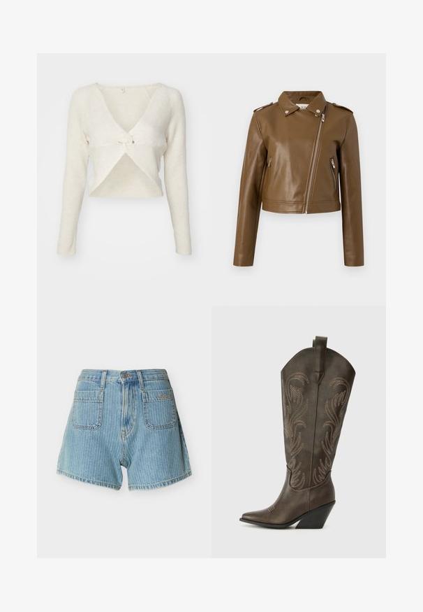 Veste cropped en cuir synthétique marron avec une fermeture éclair, des poches zippées sur le côté, un col pointu et des épaulettes. Texture lisse.; ONLY ONLLARISA V NECK - Pullover - cloud dancer; Shorts en denim bleu clair avec poches plaquées à l'avant, passants pour ceinture et fermeture par bouton.; Botte de cowboy en cuir marron avec un embout pointu, un talon compensé et des broderies décoratives. Dispose d'un long tige et d'une languette de tirage.
