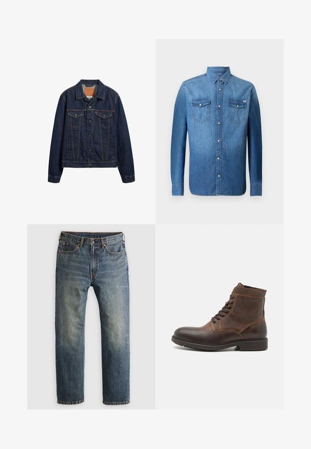 Dunkelblaue Jeansjacke mit Kragen, vorderen Taschen und Knopfverschluss. Sie verfügt über kontrastierende Nähte und einen klassischen Schnitt.; Denimhemd in Mittelblau, mit langen Ärmeln, Knopfleiste, zwei Brusttaschen und klassischem Kentkragen.; Blaue, ausgebleichte gerade geschnittene Jeans aus Denim mit Fronttaschen, Gürtelschlaufen, Knopf und Reißverschluss auf einem hellen Hintergrund.; Jack & Jones JFWDELANEY BOOT - Schnürstiefelette - cognac
