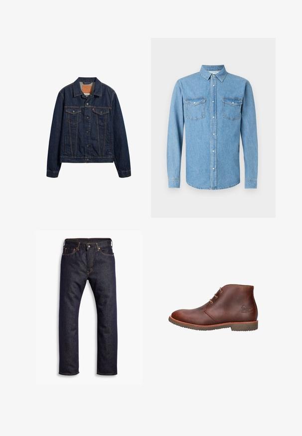 Donkerblauwe denimjack met kraag, vo pockets en knoopsluiting. Kenmerkt zich door contrasterende stiksels en een klassieke snit.; Lichtblauw denimshirt met lange mouwen, knoopsluiting aan de voorkant en twee borstzakken. Voorzien van een klassieke kraag en een gladde textuur.; Donkerblauwe recht gesneden denim jeans met vijf zakken en oranje contrasterende stiknaden, plat gelegd op een witte achtergrond.; Bruine leren enkellaars met drie oogjes voor veters, rubberen zool en een reliëflogo aan de zijkant.