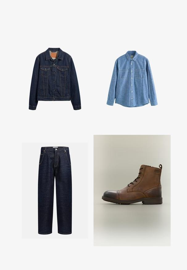 Veste en denim bleu foncé avec un col, des poches avant et une fermeture à boutons. Présente des coutures contrastées et une coupe classique.; Chemise chambray bleue à manches longues avec boutons sur le devant et deux poches poitrine, étalée à plat sur fond blanc.; Jeans en denim foncé avec une coupe droite, dotés de cinq poches, de rivets en cuivre et de coutures contrastantes le long des coutures.; Botte cheville en cuir marron à lacets avec bout noir, semelle ronde et détail de marque sur le côté sur fond uni.