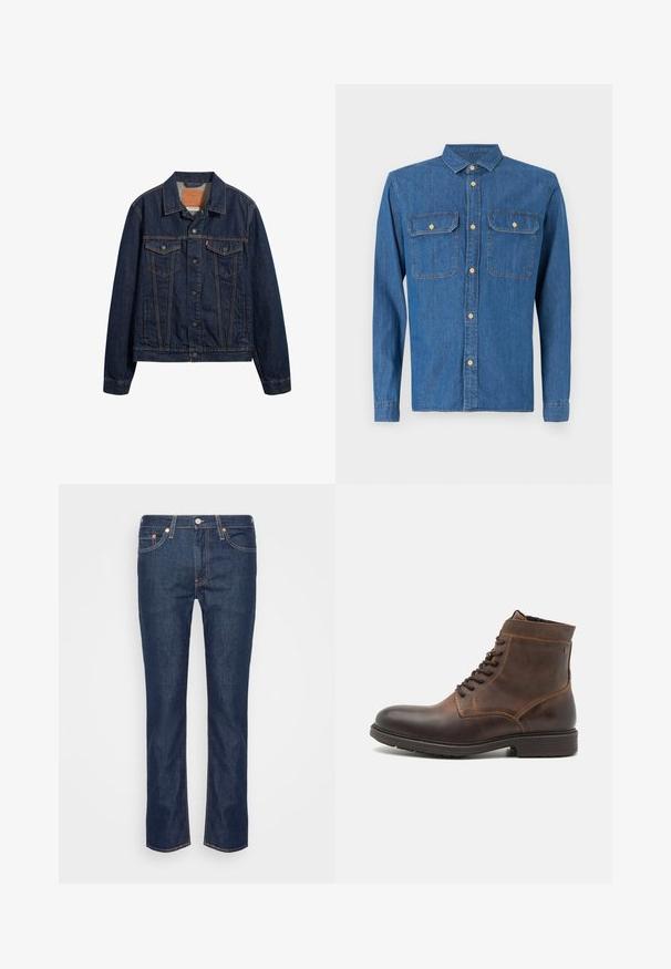 Mørkeblå denimjakke med krave, forlommer og knaplukning. Har kontrasterende syninger og en klassisk snit.; Denim skjorte i mørkeblå, langærmet med knapmanchetter, spids krave, to brystlommer og frontknaplukning med guldfarvet hardware.; Mørkeblå lige ben denim jeans med orange søm, fem lommer og en frontknap samt lynlås.; Jack & Jones JFWDELANEY BOOT - Snørestøvletter - cognac