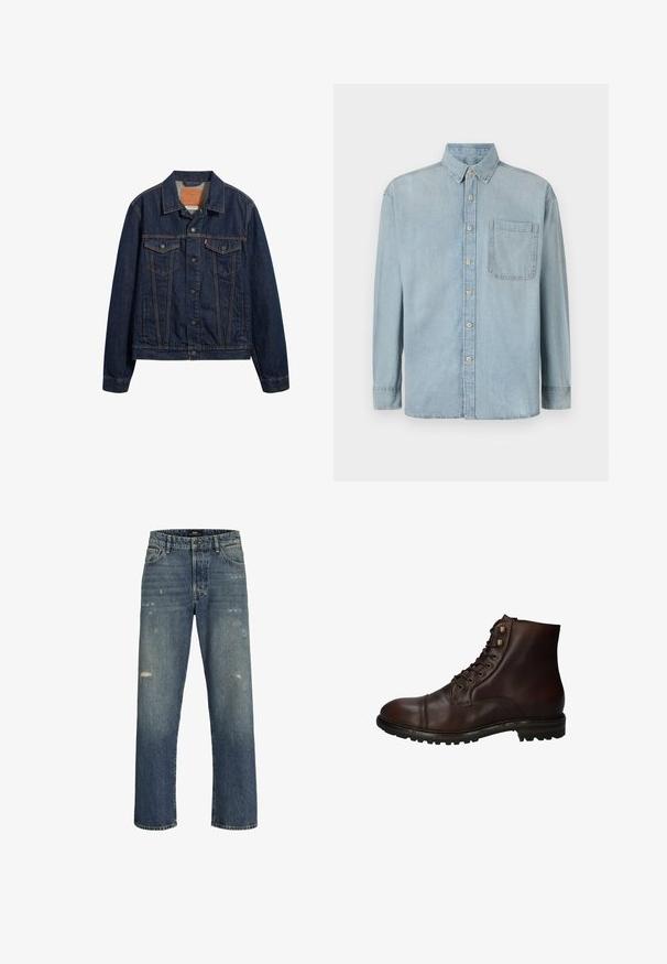 Dunkelblaue Jeansjacke mit Kragen, vorderen Taschen und Knopfverschluss. Sie verfügt über kontrastierende Nähte und einen klassischen Schnitt.; Hellblaue Denim-Hemd mit langen Ärmeln, Knopfleiste und einer einzelnen Brusttasche. Verfügt über einen klassischen Kragen und Standardmanschetten.; Blaue Jeans aus Denim mit geradem Bein, featuring leichte Abnutzungsspuren, einem Standardbund mit Knopfverschluss und fünf Taschen.; Dunkelbraune Leder Schnürstiefelette mit robustem Gummisohlen und Metallösen, von der Außenseite betrachtet.