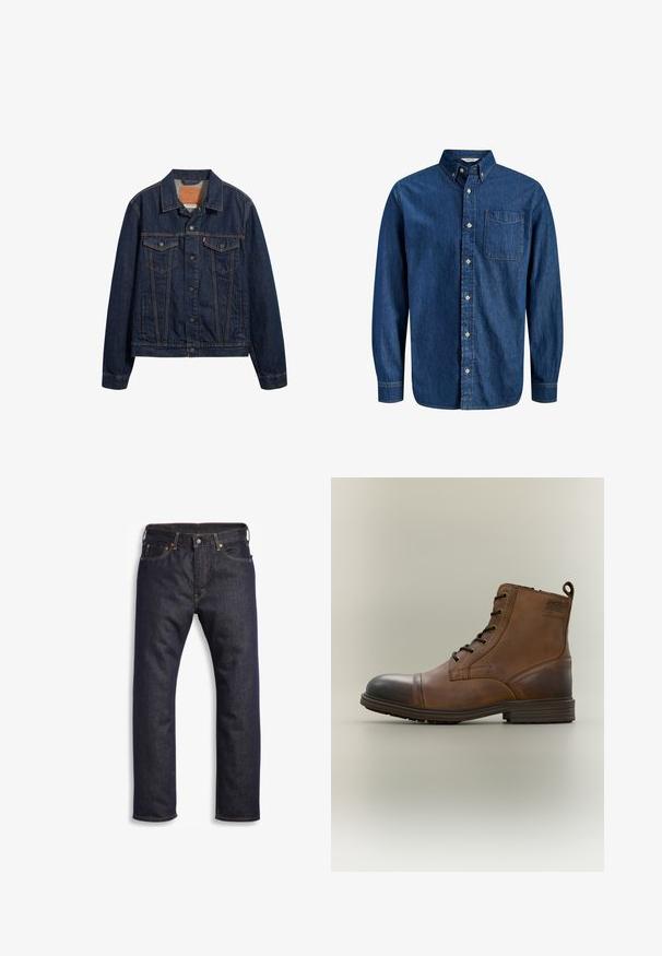 Donkerblauwe denimjack met kraag, vo pockets en knoopsluiting. Kenmerkt zich door contrasterende stiksels en een klassieke snit.; Donkerblauw denimoverhemd met lange mouwen, knopen aan de voorkant, spitse kraag, enkele borstzak en klassieke stikdetails.; Donkerblauwe denim jeans met rechte snit, vijf zakken, metalen hardware en contrasterende oranje stiksels. Glad oppervlak, geen zichtbare patronen.; Bruine leren enkellaars met veters, zwarte neuskap, ronde zool en merkdetail aan de zijkant tegen een effen achtergrond.