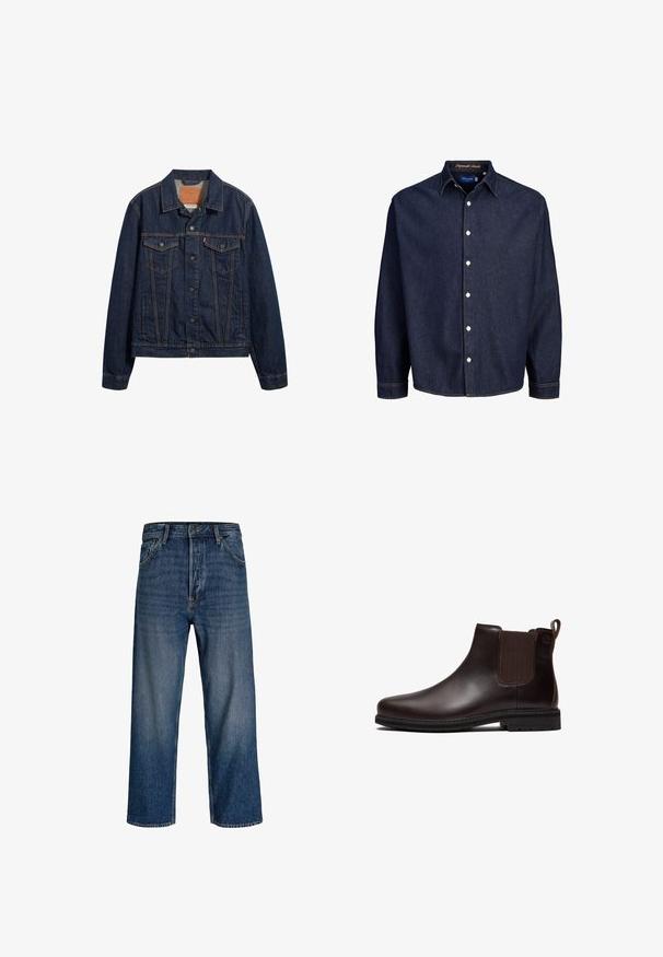 Donkerblauwe denimjack met kraag, vo pockets en knoopsluiting. Kenmerkt zich door contrasterende stiksels en een klassieke snit.; Donkerblauwe denim shirt met een knoopsluiting aan de voorkant, lange mouwen en een klassieke kraag, met witte knopen en contrasterende stiksels.; Denim jeans met een recht model, donkere blauwtint en subtiele vervaging. Voorzien van vijf zakken en een knoopsluiting.; Donkerbruine leren Chelsea-boot met elastisch zijpaneel, trekriem aan de hiel en zwarte rubberen zool, zijaanzicht.