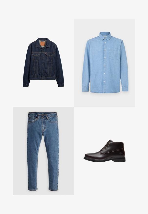 Mørkeblå denimjakke med krave, forlommer og knaplukning. Har kontrasterende syninger og en klassisk snit.; Lyseblå denimskjorte med lange ærmer, en forlommer, knaplukning og klassisk krave på hvid baggrund.; Blå denim jeans med lige skæring, fem lommer, orange syninger og en klassisk knap- og lynlåslukning. Slidt tekstur langs benene.; Mørkebrun læder snørestøvle til anklen med sort sål og subtilt brandlogo på siden, vist i profil mod en hvid baggrund.