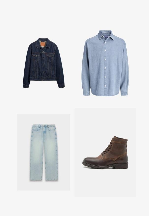 Veste en denim bleu foncé avec un col, des poches avant et une fermeture à boutons. Présente des coutures contrastées et une coupe classique.; Chemise en denim bleu clair à manches longues avec col et boutons blancs, présentée sur un fond blanc uni.; Jean en denim bleu clair, taille haute, avec une coupe droite, texture décolorée et un style classique à cinq poches.; Jack & Jones JFWDELANEY BOOT - Bottines à lacets - cognac