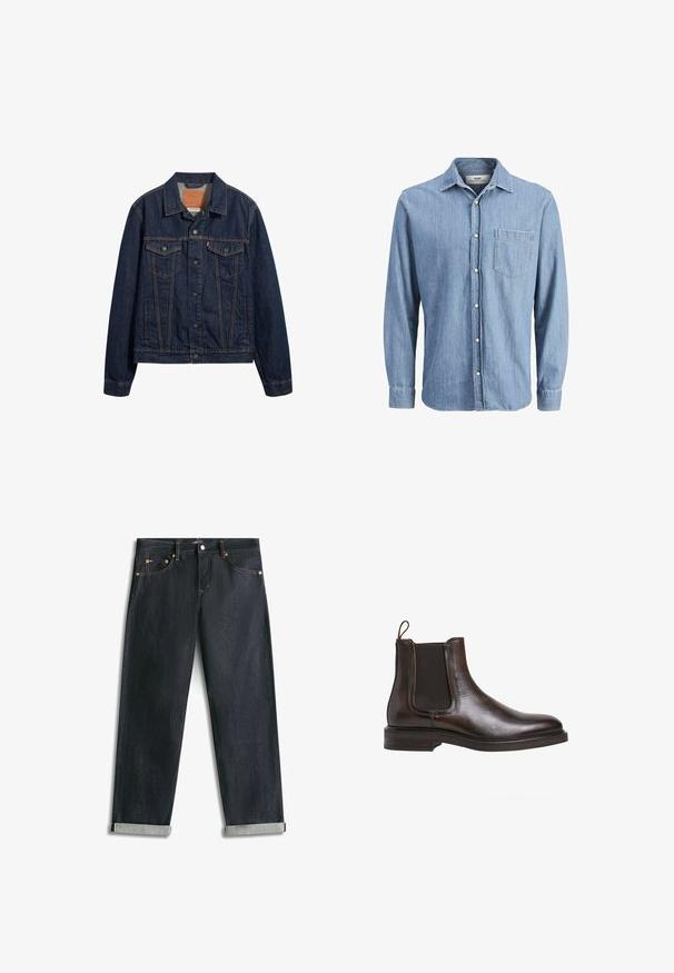 Chaqueta de mezclilla azul marino con cuello, bolsillos delanteros y cierre de botones. Presenta costuras en contraste y un corte clásico.; Camisa de mezclilla de color azul claro con cuello button-down, mangas largas, un bolsillo en el pecho y logo bordado en el bolsillo.; Vaqueros de mezclilla azul oscuro con puños enrollados, cinco bolsillos y costuras de contraste, extendidos planos sobre un fondo blanco.; Botín Chelsea de cuero marrón con paneles laterales elásticos, tirador en bucle y un tacón bajo apilado. Textura suave y silueta elegante.
