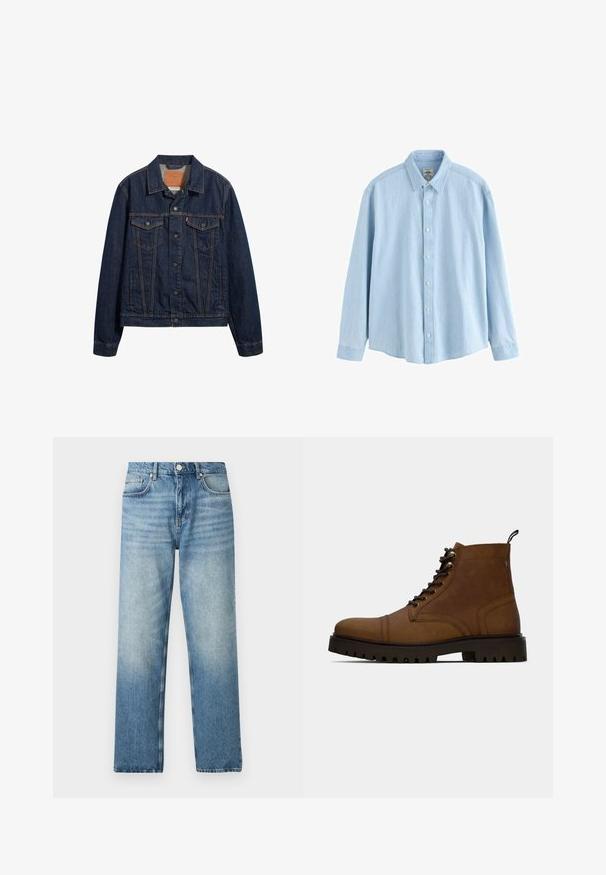 Dunkelblaue Jeansjacke mit Kragen, vorderen Taschen und Knopfverschluss. Sie verfügt über kontrastierende Nähte und einen klassischen Schnitt.; Hellblaues Denim-Hemd mit langen Ärmeln, Knopfleiste, Kragen und weißen Knöpfen, Größe M, vor weißem Hintergrund dargestellt.; Helle blaue Jeans mit geradem Schnitt, ausgestattet mit einem Knopfverschluss, fünf Taschen und einem sanften Verblassen am Saum. Flache Textur.; Braune Leder Schnürstiefelette mit dickem schwarzem Profilsohle und Zugschlaufe auf weißem Hintergrund.
