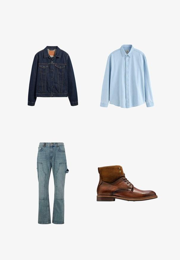 Veste en denim bleu foncé avec un col, des poches avant et une fermeture à boutons. Présente des coutures contrastées et une coupe classique.; Chemise en jean bleu clair à manches longues, boutonnée sur le devant, avec col et boutons blancs, taille moyenne, présentée sur un fond blanc.; Pantalons cargo en denim bleu clair avec une coupe droite, comportant plusieurs poches et une fermeture à bouton à la taille.; Kazar ALID - Bottines à lacets - brown