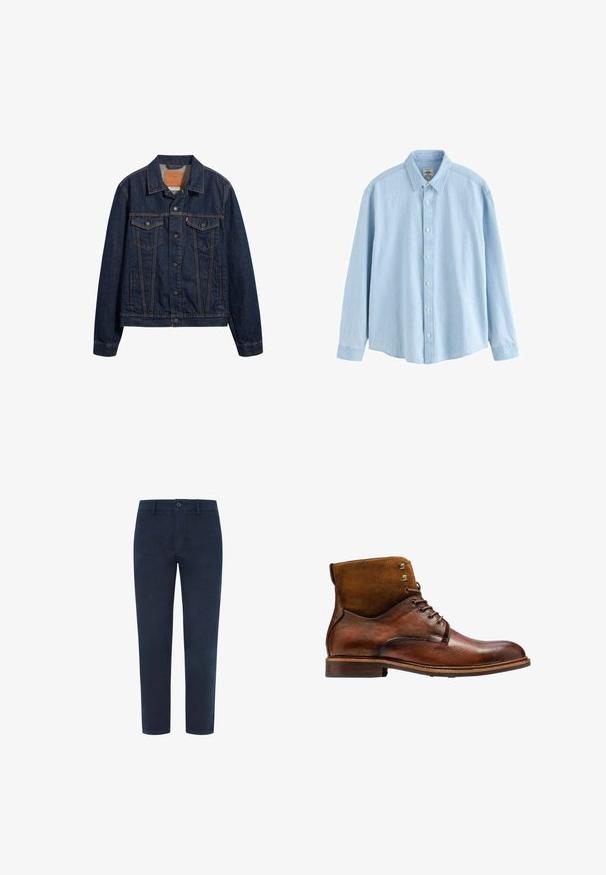 Mørkeblå denimjakke med krave, forlommer og knaplukning. Har kontrasterende syninger og en klassisk snit.; Lyseblå denimskjorte med lange ærmer, knapper og krave, medium størrelse, vist mod en hvid baggrund.; Marineblå bomulds-chinos med knaplukning, lige ben og en glat tekstur. Har sidelommer og en enkelt baglomme.; Kazar ALID - Snørestøvletter - brown