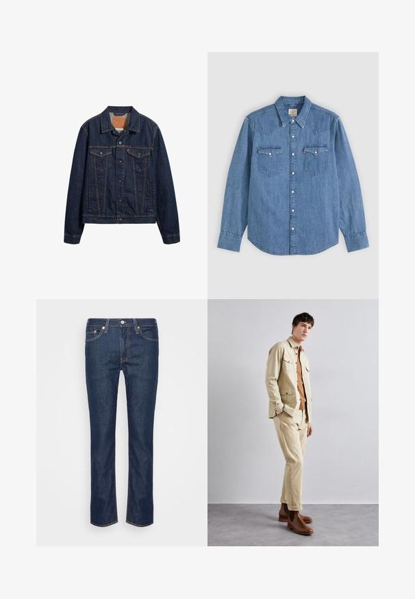 Veste en denim bleu foncé avec un col, des poches avant et une fermeture à boutons. Présente des coutures contrastées et une coupe classique.; Chemise en denim bleu à manches longues avec col pointu, devant boutonné et deux poches poitrine avec rabats à boutons sur fond uni.; Jean en denim droit bleu foncé avec des coutures orange, cinq poches, et une fermeture à bouton et à zip à l'avant.; Veste en coton beige avec deux poches poitrine, portée sur une chemise marron et un pantalon beige assorti. Des bottines en cuir marron à la cheville viennent compléter la tenue.