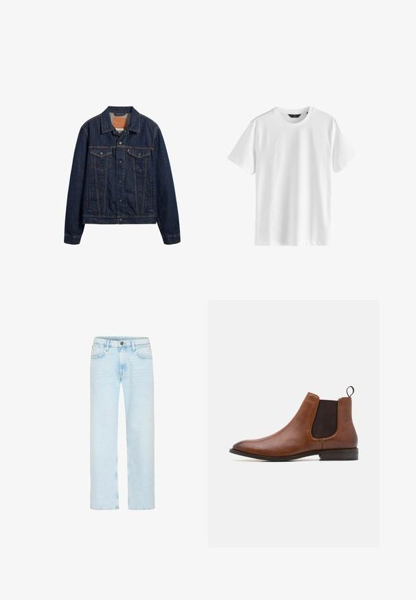 Chaqueta de mezclilla azul marino con cuello, bolsillos delanteros y cierre de botones. Presenta costuras en contraste y un corte clásico.; Camiseta blanca lisa de manga corta y cuello redondo, de tela suave y con una etiqueta negra en el cuello.; Los jeans de denim azul claro cuentan con un diseño de pierna recta, con un cierre de botón clásico, cinco bolsillos y un ligero desgastado para aportar textura.; Zign by Zalando LEATHER - Botines - cognac