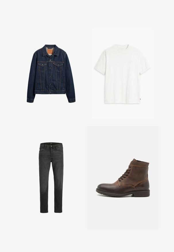 Donkerblauwe denimjack met kraag, vo pockets en knoopsluiting. Kenmerkt zich door contrasterende stiksels en een klassieke snit.; Wit katoenen T-shirt met korte mouwen, ronde hals en een subtiel "Levi's" logo in een lichte kleur op de voorkant gedrukt.; Zwarte denim jeans met een recht model, vijfzakken ontwerp en ritsluiting. Bevat subtiele vervaging en contrasterende stiksels.; Jack & Jones JFWDELANEY BOOT - Veterboots - cognac