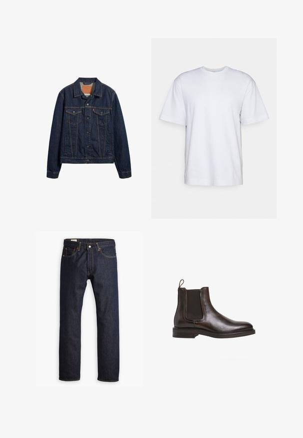 Dunkelblaue Jeansjacke mit Kragen, vorderen Taschen und Knopfverschluss. Sie verfügt über kontrastierende Nähte und einen klassischen Schnitt.; Filippa K HEAVY CREW NECK TEE - T-Shirt basic - white; Dunkelblaue Jeans aus Denim mit geradem Bein, orangefarbener Naht und Fünf-Taschen-Stil sowie einer Metallknopfverschluss.; Braune Leder-Chelsea-Boots mit elastischen Seiteneinsätzen, Schlupfgriff und niedrigem, gestapeltem Absatz. Glatte Textur und schlanke Silhouette.