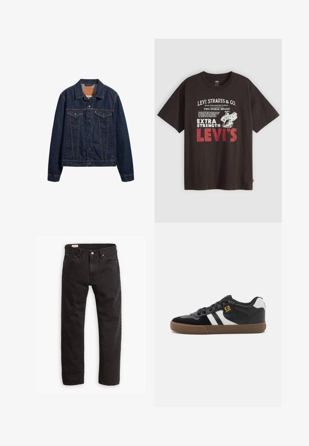 Donkerblauwe denimjack met kraag, vo pockets en knoopsluiting. Kenmerkt zich door contrasterende stiksels en een klassieke snit.; Zwarte Levi's T-shirt met witte en rode vintage-stijl tekst en afbeelding van twee paarden, met het vetgedrukte "LEVI'S" logo.; Zwarte denim jeans met een rechte pijp, voorzien van een klassiek vijf-pocket ontwerp, subtiele stiksels en een metalen knoopsluiting.; Zwart-witte sneakers met een bovenwerk van suède en leer, voorzien van witte strepen, zwarte veters en een bruine rubberen zool. Gouden logo-accenten.