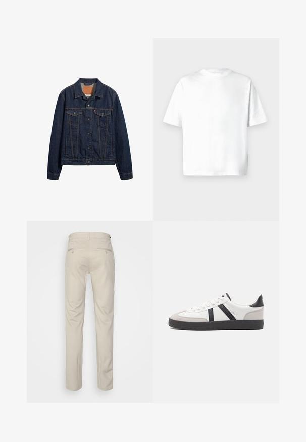 Veste en denim bleu foncé avec un col, des poches avant et une fermeture à boutons. Présente des coutures contrastées et une coupe classique.; T-shirt blanc à manches courtes en coton doux, doté d'un col rond et d'une coupe décontractée sans motifs ni graphiques. Texture lisse.; Pantalon beige avec une texture lisse, coupe droite, deux poches arrière avec boutons, et une taille standard.; Baskets blanches avec des accents noirs et gris, présentant un embout texturé gris, une semelle en caoutchouc noir et des lacets plats blancs. Design épuré, style minimaliste.