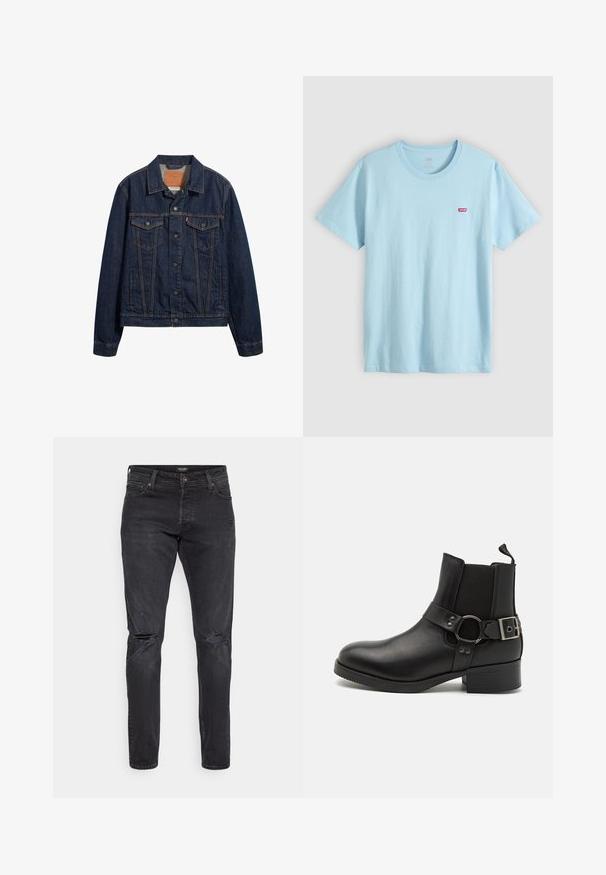 Dunkelblaue Jeansjacke mit Kragen, vorderen Taschen und Knopfverschluss. Sie verfügt über kontrastierende Nähte und einen klassischen Schnitt.; Hellblaues T-Shirt mit kurzen Ärmeln und Rundhalsausschnitt mit kleinem rotem Levi's-Logo auf der linken Brust.; Jack & Jones JJIGLENN JJORIGINAL - Jeans Slim Fit - black denim; Steve Madden ANTONN - Cowboy-/Bikerstiefelette - black