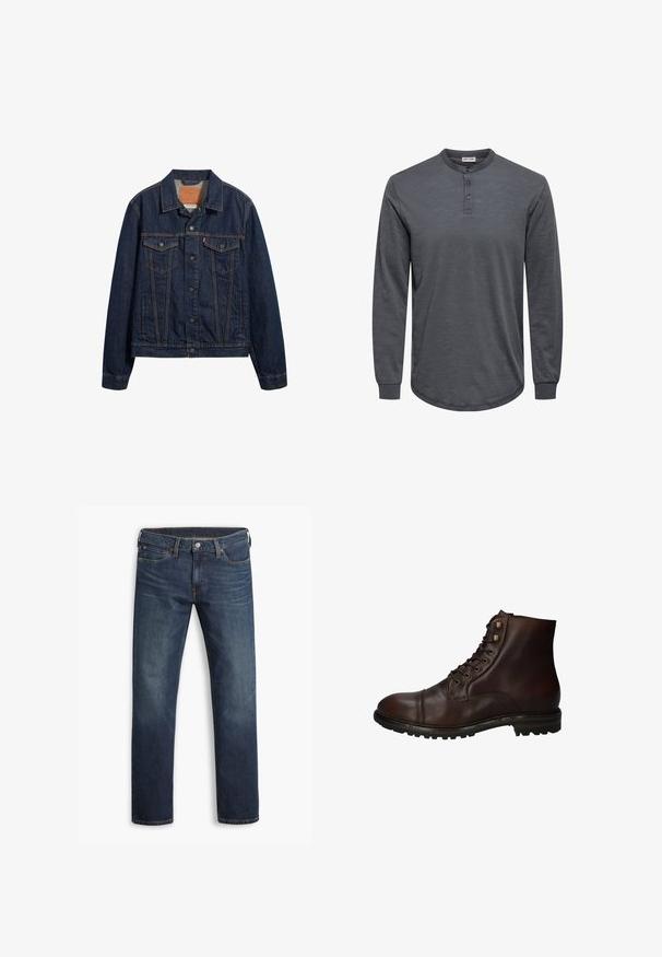 Dunkelblaue Jeansjacke mit Kragen, vorderen Taschen und Knopfverschluss. Sie verfügt über kontrastierende Nähte und einen klassischen Schnitt.; Langärmliges graues Henley-Shirt aus weichem Stoff, mit abgerundetem Saum, drei Knöpfen an der Blende und gerippten Bündchen.; Dunkelblaue Herren-Jeans mit geradem Bein, fünf Taschen und Knopfverschluss, flach auf weißem Hintergrund gezeigt.; Dunkelbraune Leder Schnürstiefelette mit robustem Gummisohlen und Metallösen, von der Außenseite betrachtet.