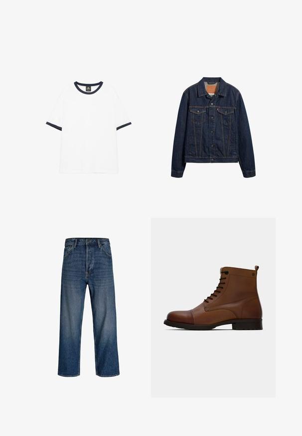 Veste en denim bleu foncé avec un col, des poches avant et une fermeture à boutons. Présente des coutures contrastées et une coupe classique.; T-shirt blanc à manches courtes avec encolure et poignets de manches côtelés noirs, posé à plat sur fond blanc.; Jean en denim avec une coupe droite, couleur bleu foncé et délavage subtil. Comprend cinq poches et une fermeture à bouton.; Jack & Jones JFWSHAUN BOOT - Bottines à lacets - cognac