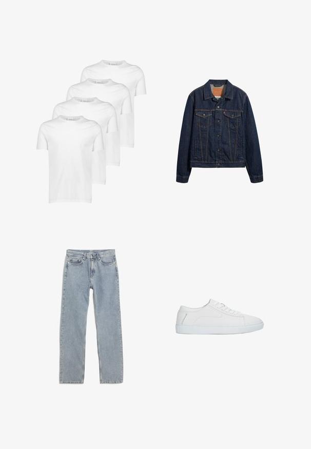 Donkerblauwe denimjack met kraag, vo pockets en knoopsluiting. Kenmerkt zich door contrasterende stiksels en een klassieke snit.; Witte katoenen T-shirts, korte mouwen, ronde halslijn, gladde textuur, vier stuks gestapeld met een consistent ontwerp en zonder patronen of accenten.; Lichtblauwe rechte spijkerbroek van denim, met vijf zakken, gouden stiksels en een tailleband met riemlussen.; Witte lage sneaker met vetersluiting, glad leren bovenwerk en platte rubberen zool, zijaanzicht op een witte achtergrond.