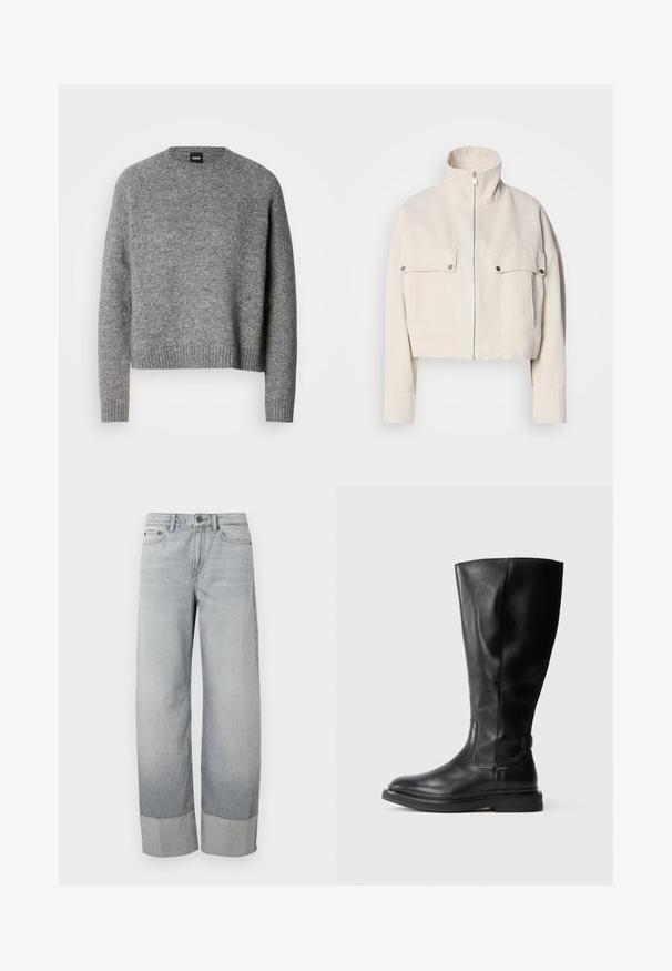 Kort beige jakke lavet af bomuld med høj krave, lynlåslukning foran og to brystlommer med trykknapper.; Grå strikket sweater med rund hals, lange ærmer og ribbede manchetter og kant. Blød tekstur; minimalistisk design uden mønstre eller accenter.; Lysegrå denimjeans med vid ben-design, der har en dobbelt opsmøgning og subtil falming. Standard lukning foran med knap og lynlås.; Sorte læderknæhøje støvler med rund tå, let struktureret overdel og gummisål. Har en sideløsning for nem påtagning.